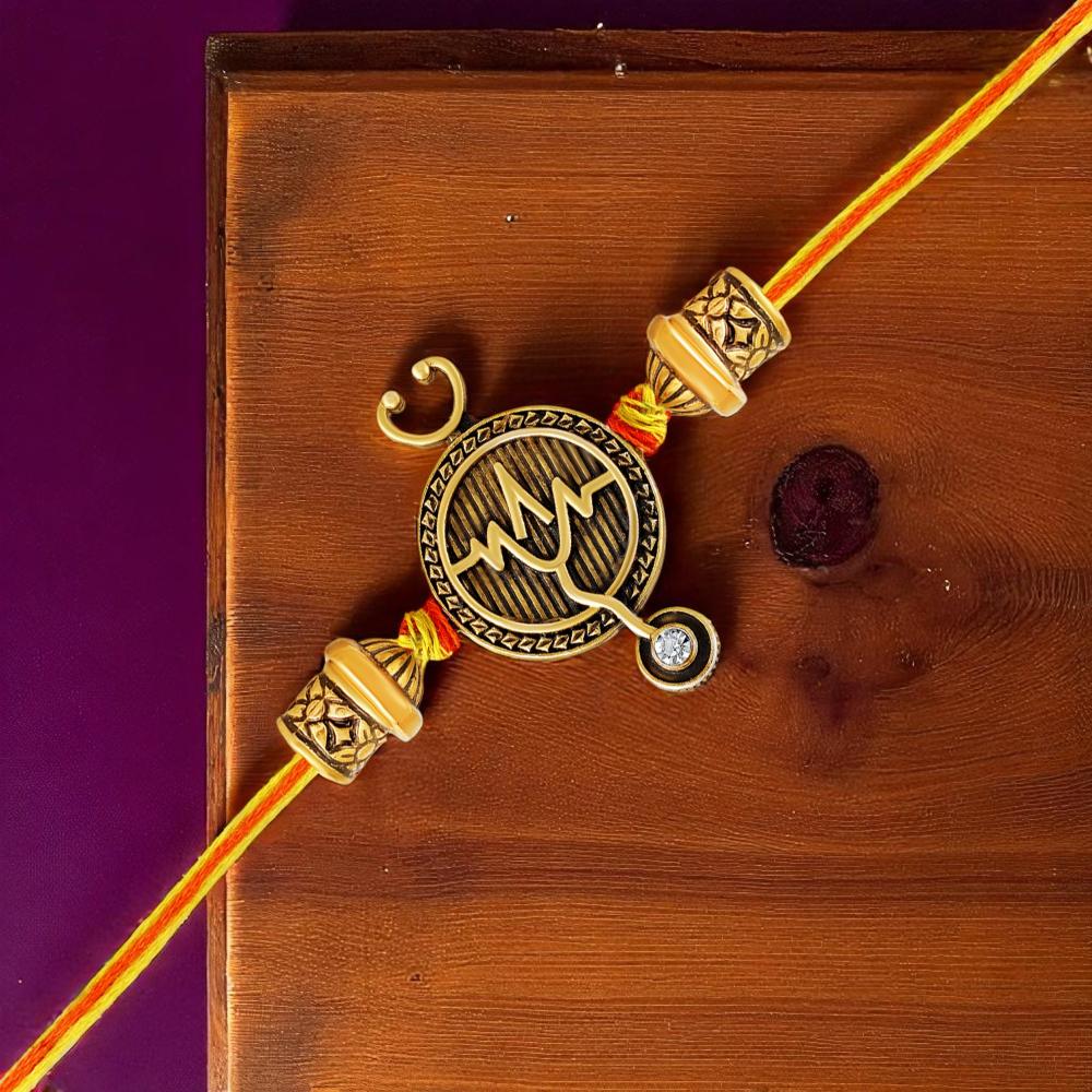 Mahi Doctor Themed Rakhi for Brother | Antique Gold Stethoscope & Heartbeat Design (RA1100833G)