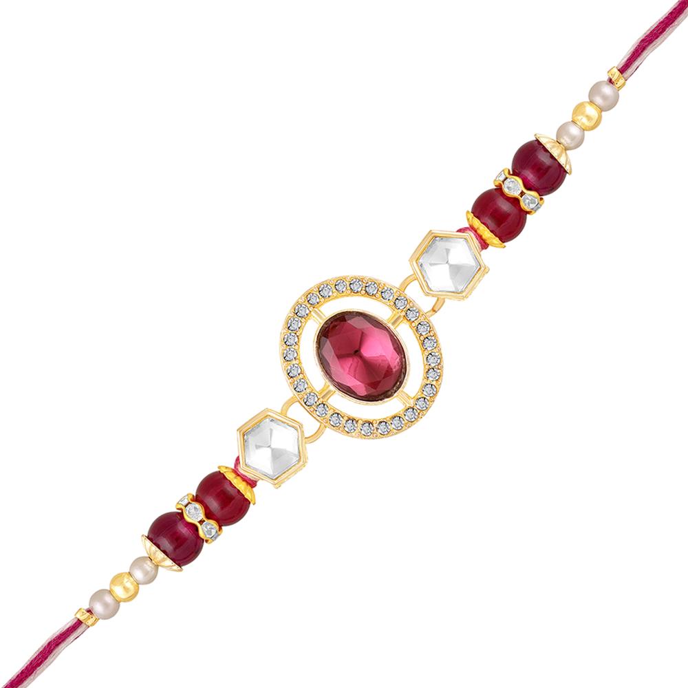 Mahi Red Oval Kundan Rakhi with Gold Tone for Brother (RA1100836G)