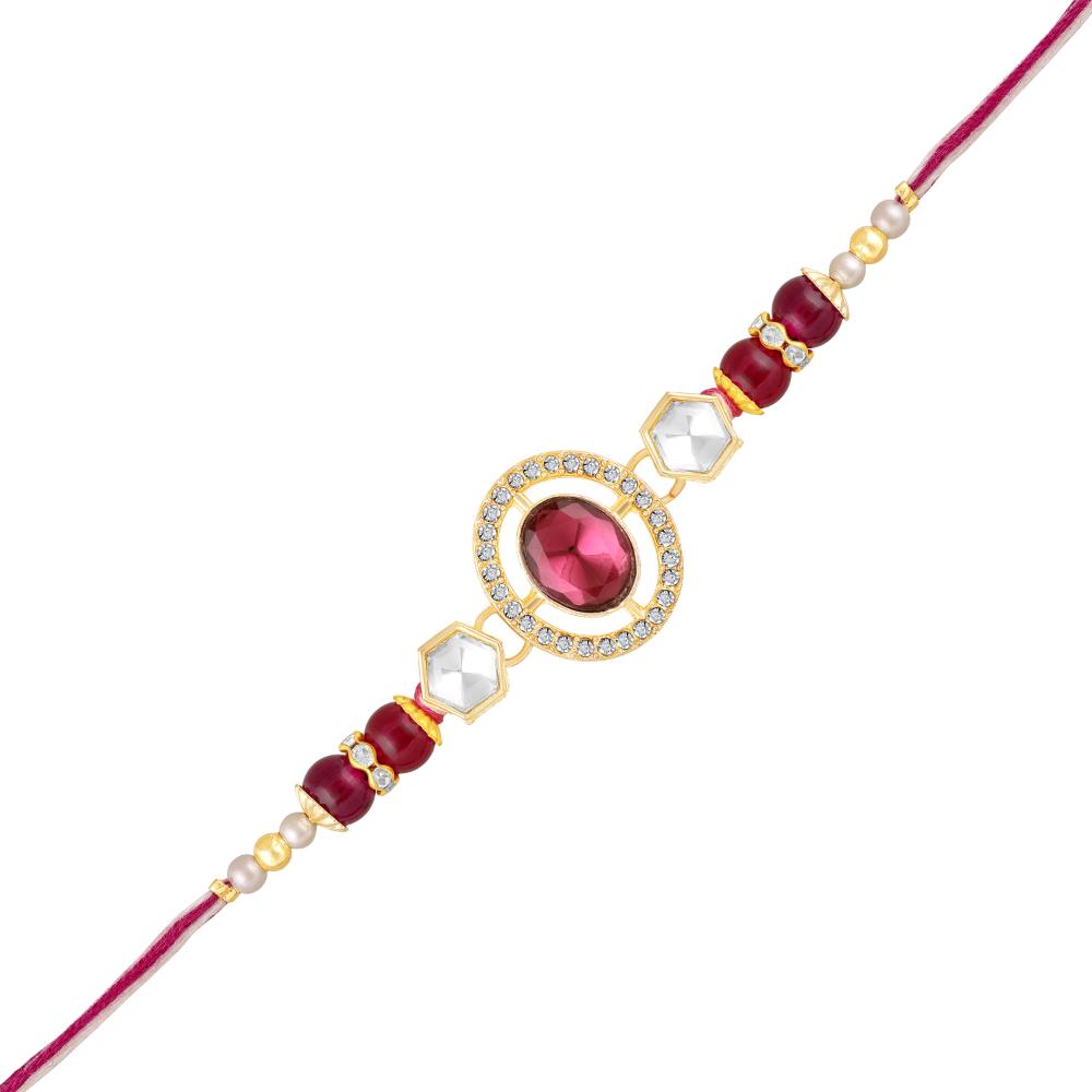 Mahi Red Oval Kundan Rakhi with Gold Tone for Brother (RA1100836G)