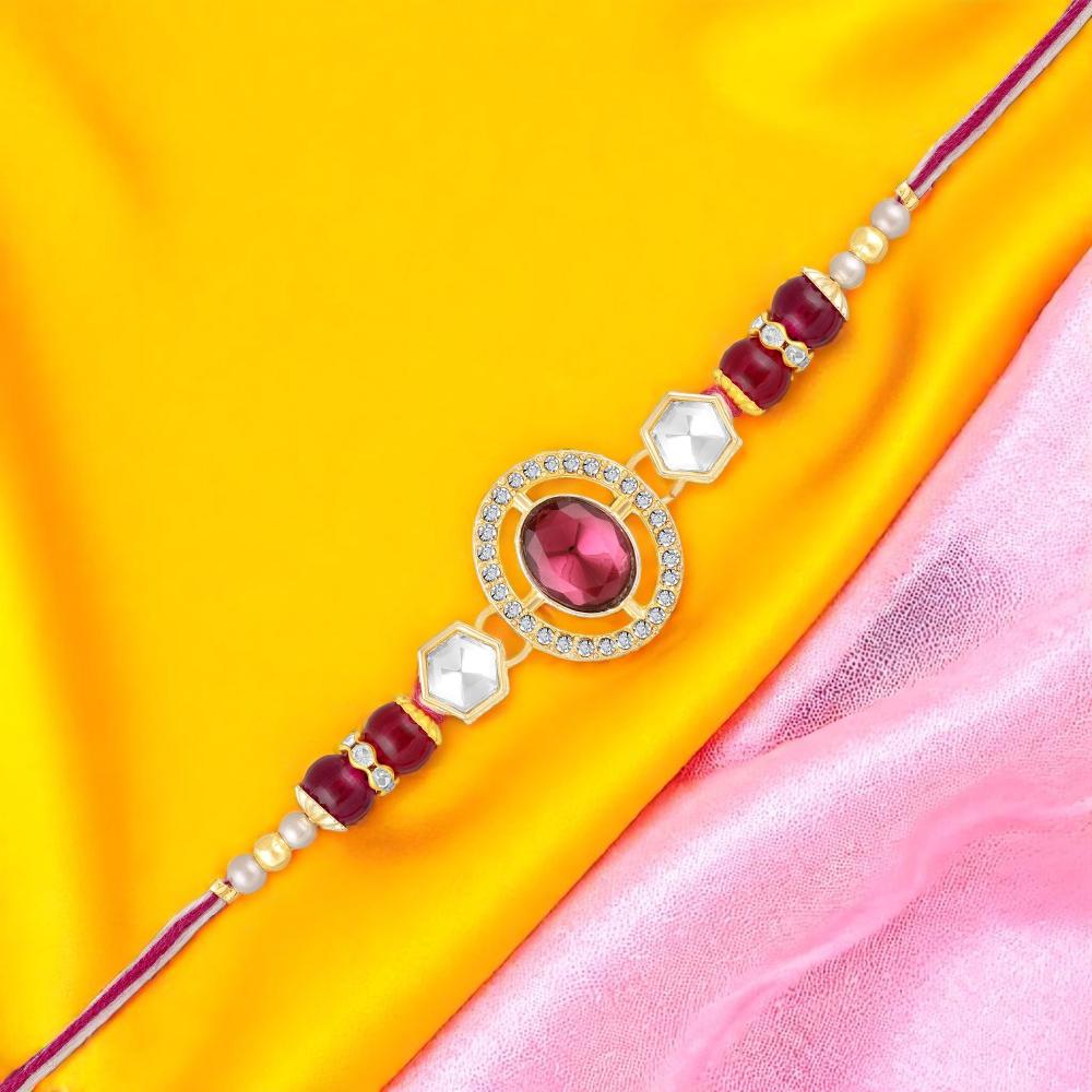 Mahi Red Oval Kundan Rakhi with Gold Tone for Brother (RA1100836G)
