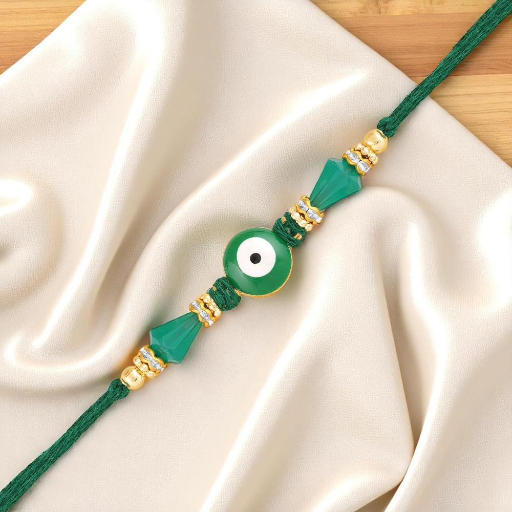 Mahi Green Evil Eye Rakhi for Brother | Nazariya Bead with Gold Accents & Cone Beads on Green Thread (RA1100837G)