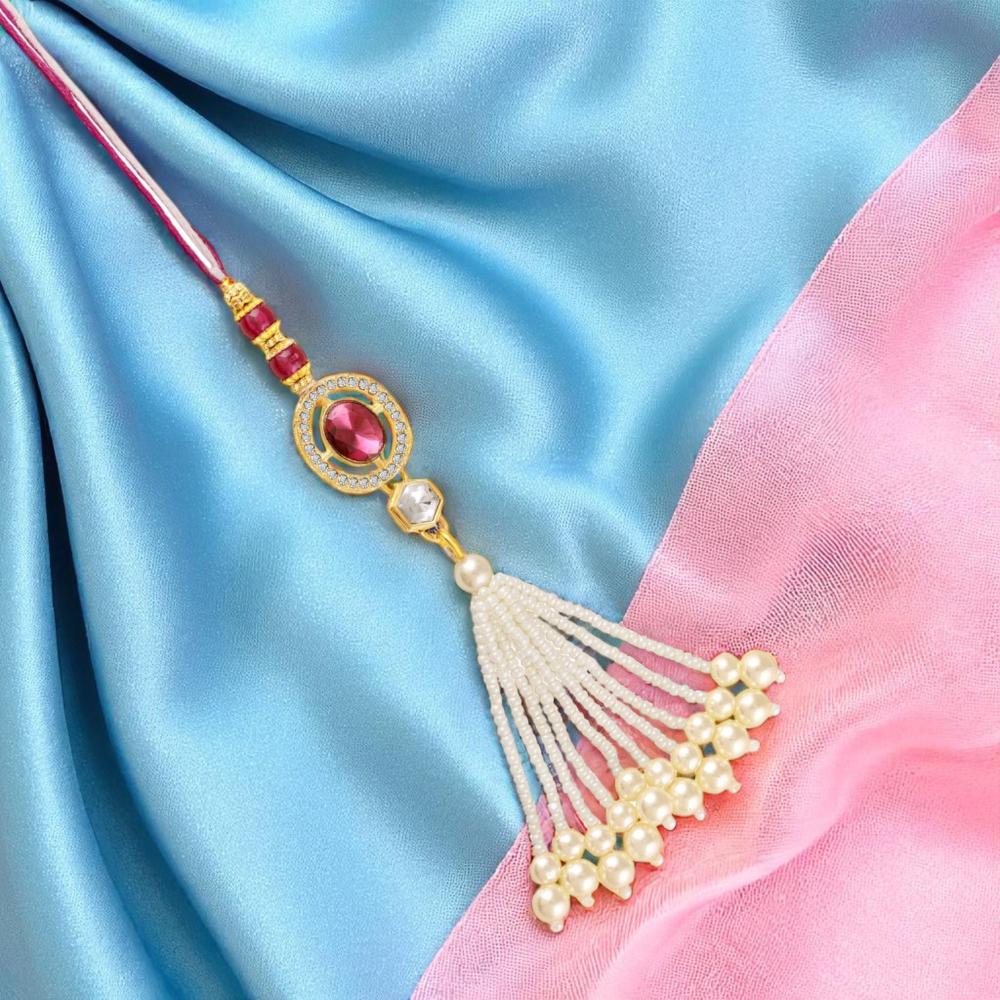 Mahi Red Kundan Centerpiece with Artificial Pearl Tassels & Golden Accents Lumba Rakhi for Bhabhi (RAL1100843G)