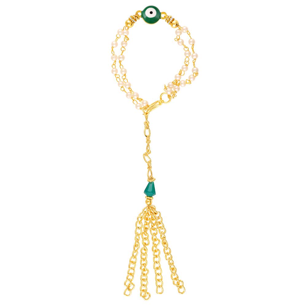 Mahi Elegant Evil Eye Lumba Rakhi for Bhabhi | Artificial Pearl Chain Bracelet with Green Charm & Gold Chain Tassel (RAL1100844G)