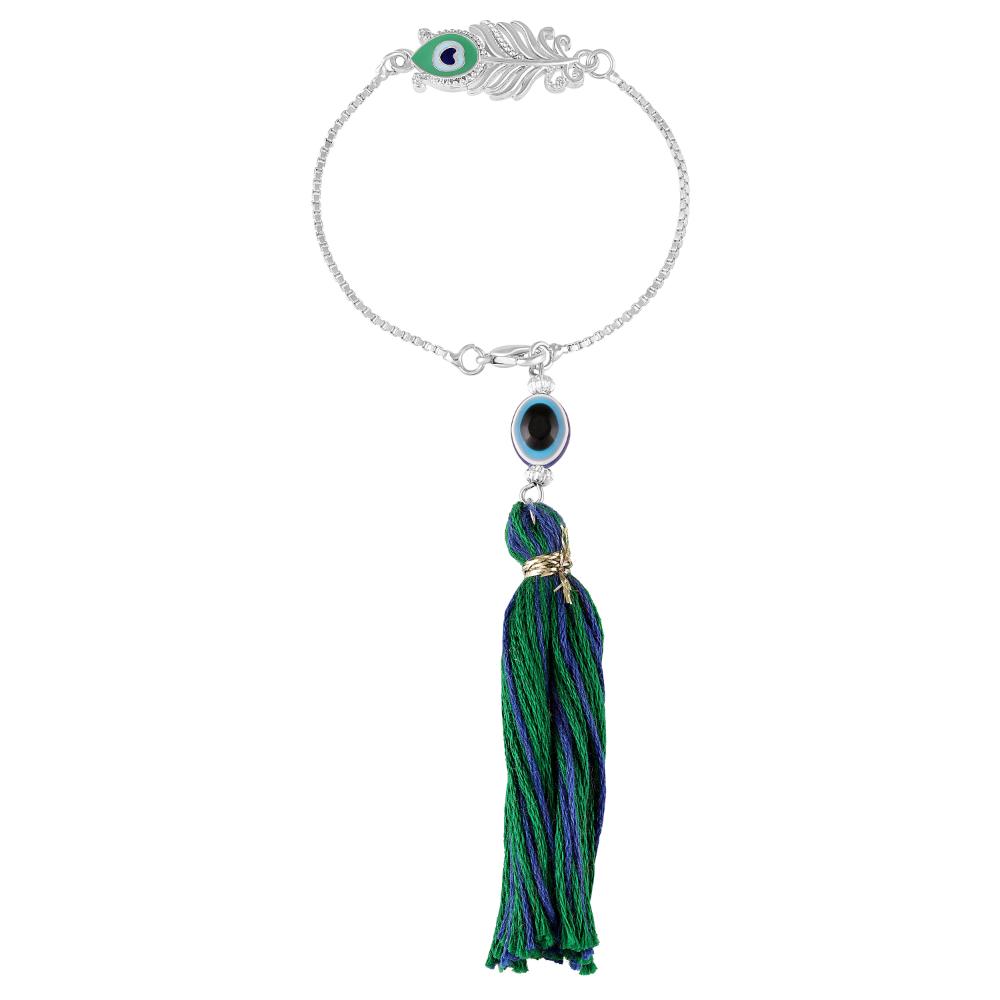 Mahi Lumba Rakhi of Peacock-Feather-Themed Bhabhi Rakhi with Evil Eye & Silk Tassel Bracelet (RAL1100846R)