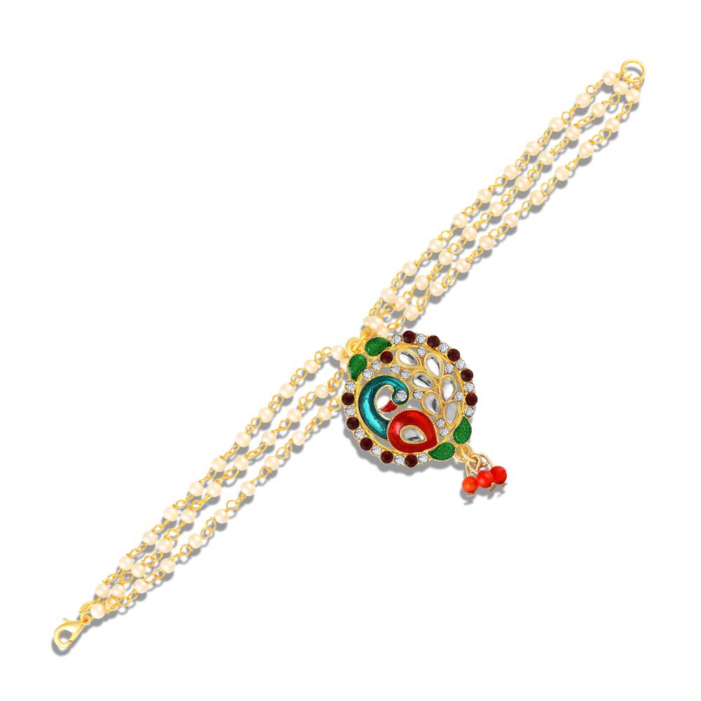 Mahi Traditional Multicolor Peacock-Shaped Lumba Rakhi for Bhabhi | Artificial Pearl Chain Bracelet with Meenakari Work (RAL1100852G)