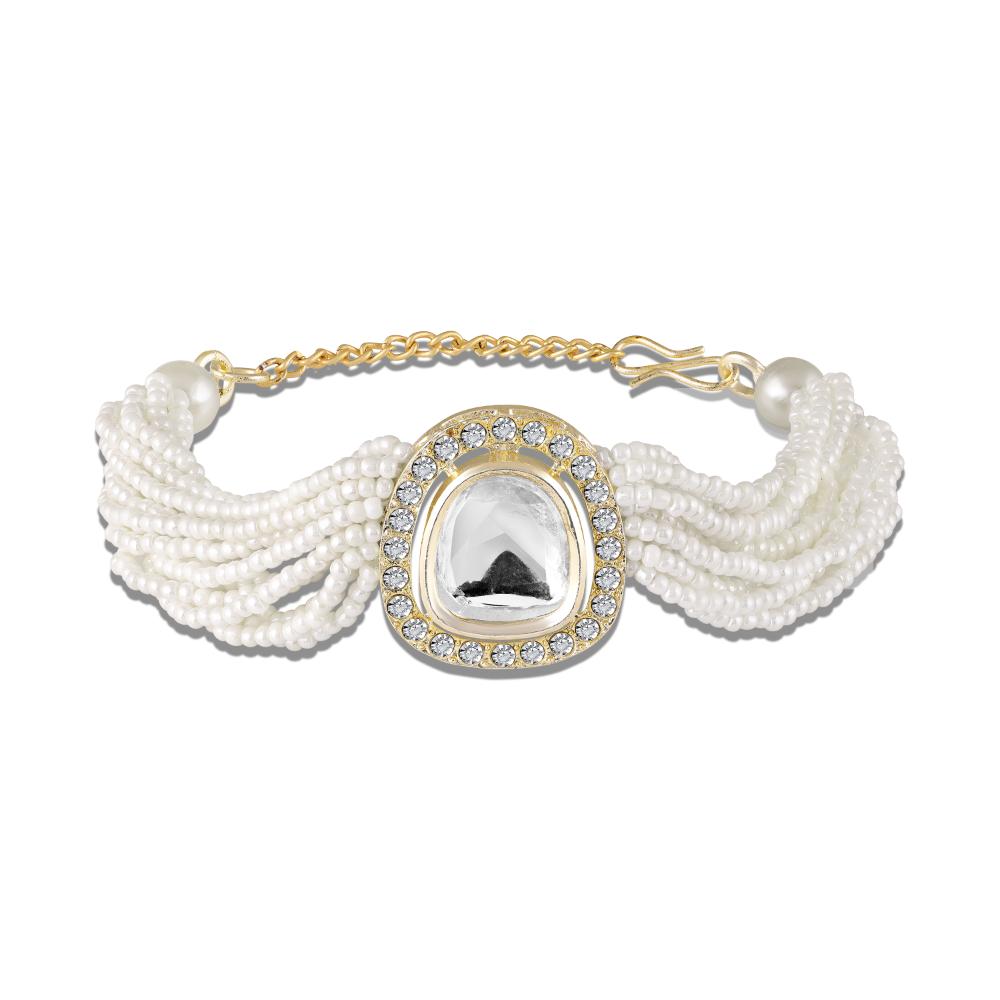 Mahi Elegant White Artificial Pearl Lumba Rakhi for Bhabhi | Multi-Strand Bracelet with Crystal Centerpiece & Gold Finish (RAL1100854G)