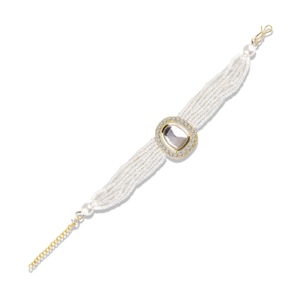 Mahi Elegant White Artificial Pearl Lumba Rakhi for Bhabhi | Multi-Strand Bracelet with Crystal Centerpiece & Gold Finish (RAL1100854G)