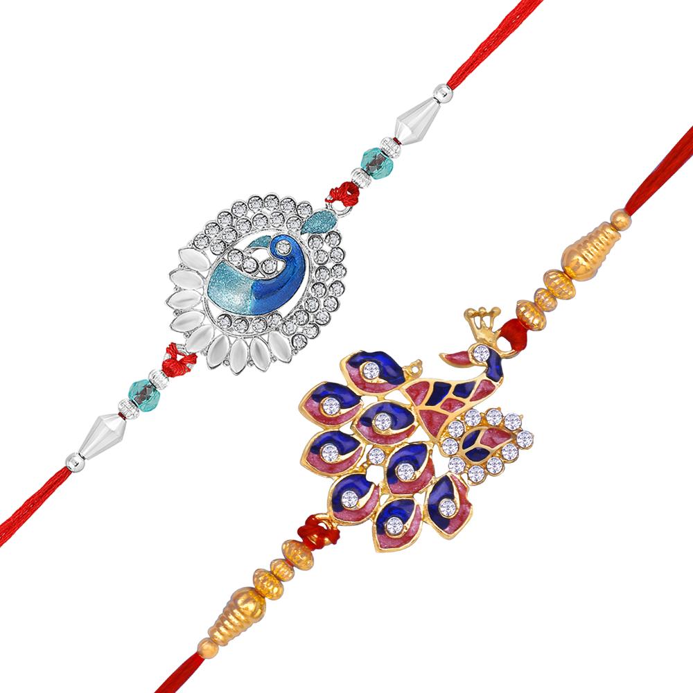 Mahi Peacock-Shaped Rakhi Combo for Brother | Set of 2 Rakhis with Meenakari Work, Crystals & Red Thread (RCO1105814M)