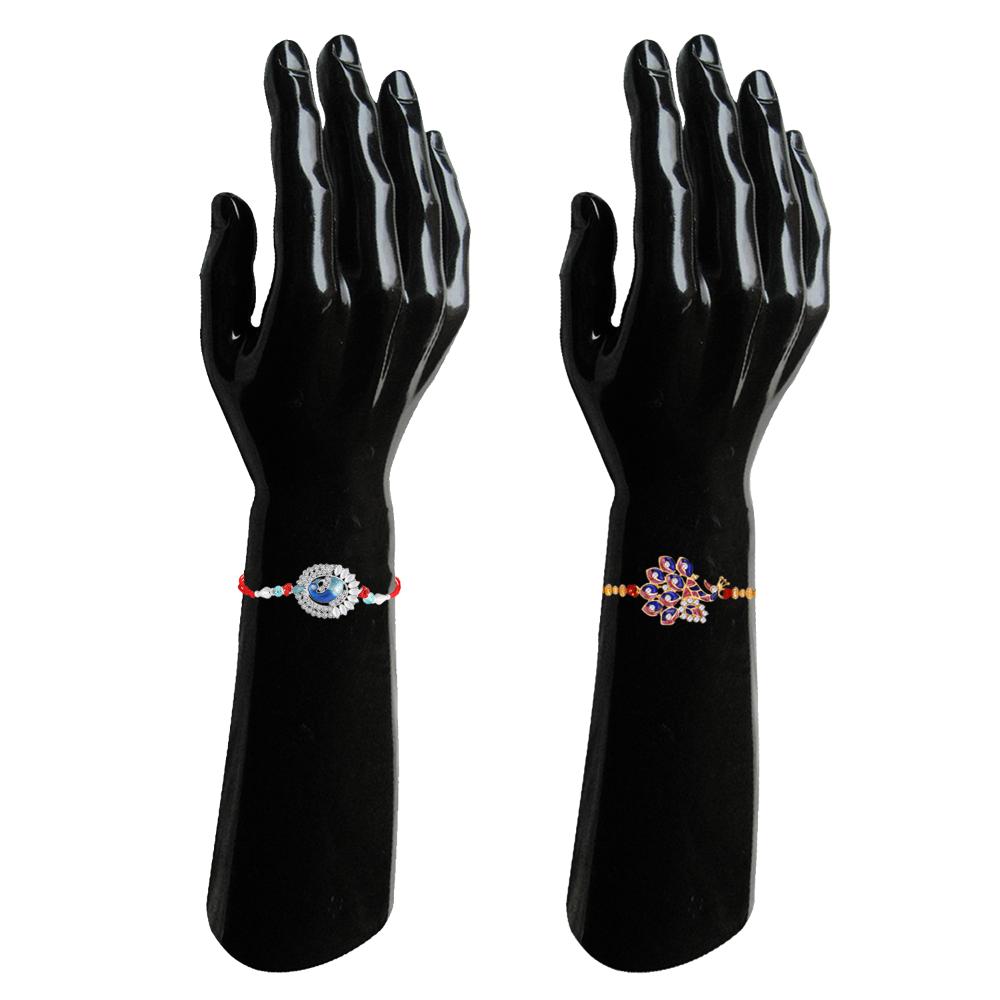 Mahi Peacock-Shaped Rakhi Combo for Brother | Set of 2 Rakhis with Meenakari Work, Crystals & Red Thread (RCO1105814M)