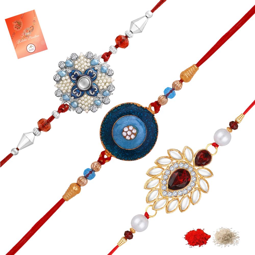 Mahi Combo of 3 Elegant Artificial Pearl, Crystals & Enamel Work Rakhis on Red Thread (RCO1105816M)