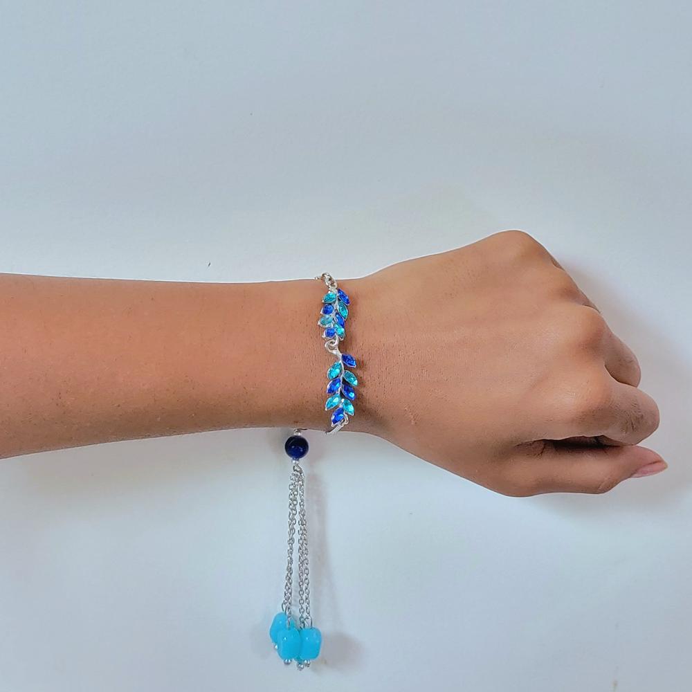 Mahi Modern Lumba Rakhi Combo Set of 2 for Bhabhi | Leaf Motif Bracelet Rakhi with Pink and Blue Tassel Beads (RCO1105817M)