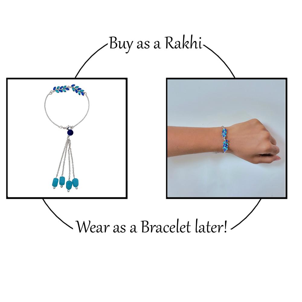 Mahi Modern Lumba Rakhi Combo Set of 2 for Bhabhi | Leaf Motif Bracelet Rakhi with Pink and Blue Tassel Beads (RCO1105817M)