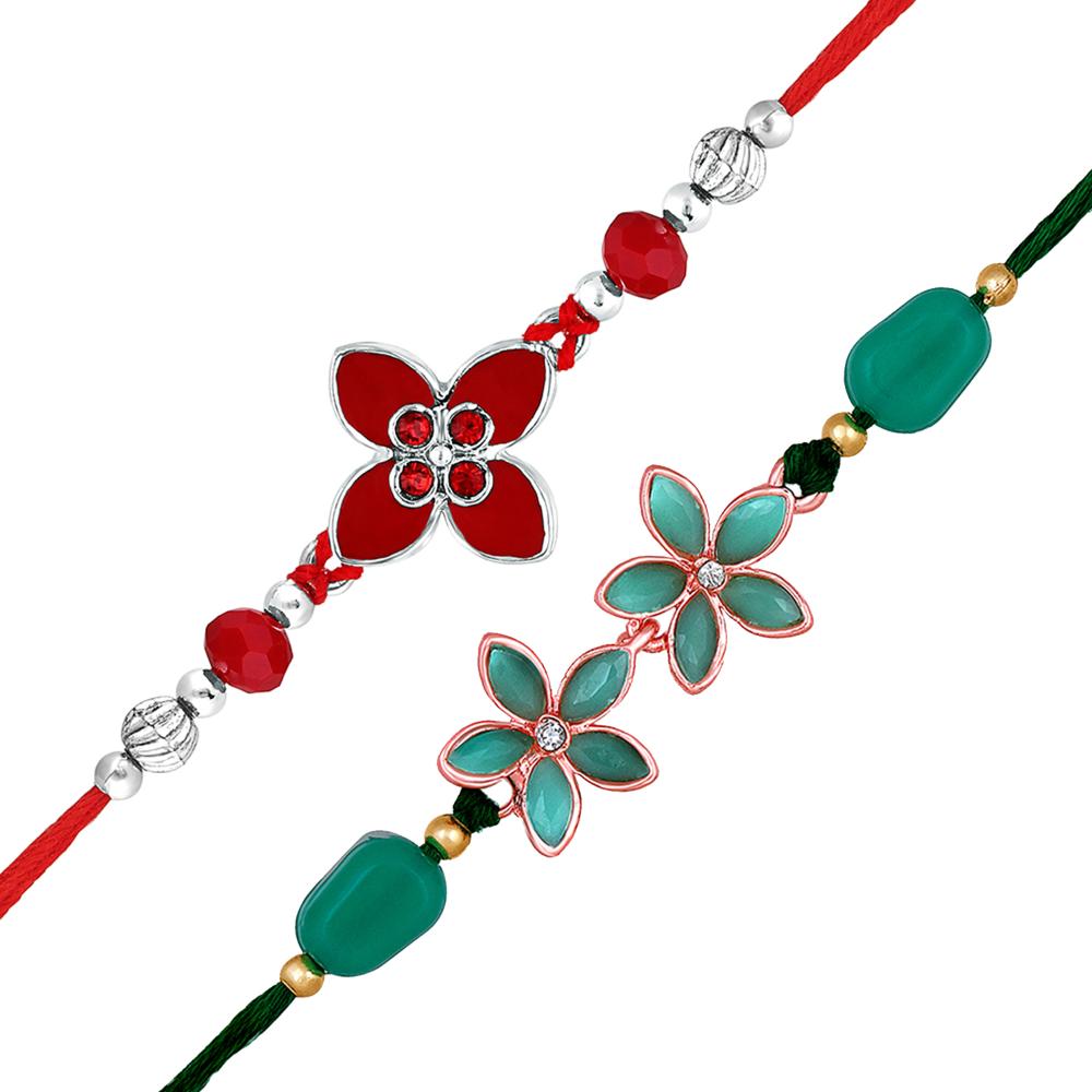 Mahi Floral Trendy Rakhi Combo Set of 2 | Red & Green Crystal Flower Rakhis with Beads for Brother (RCO1105820M)