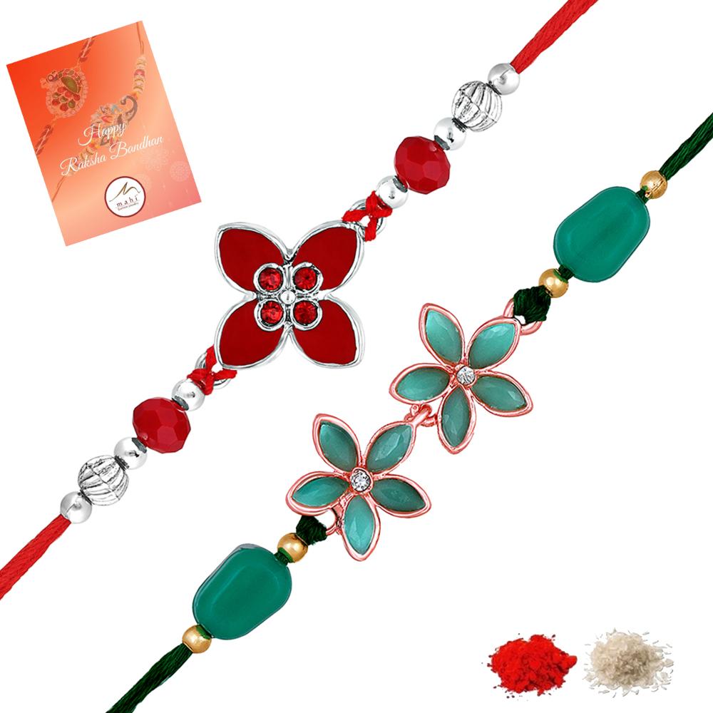 Mahi Floral Trendy Rakhi Combo Set of 2 | Red & Green Crystal Flower Rakhis with Beads for Brother (RCO1105820M)