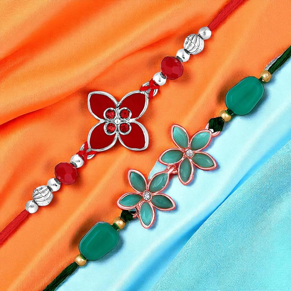 Mahi Floral Trendy Rakhi Combo Set of 2 | Red & Green Crystal Flower Rakhis with Beads for Brother (RCO1105820M)