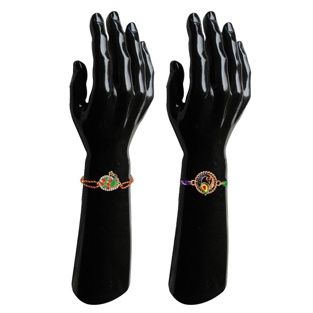 Mahi Peacock-Shaped Rakhi Combo for Brother | Set of 2 Rakhis with Meenakari Work, Crystals & Red Thread (RCO1105821G)