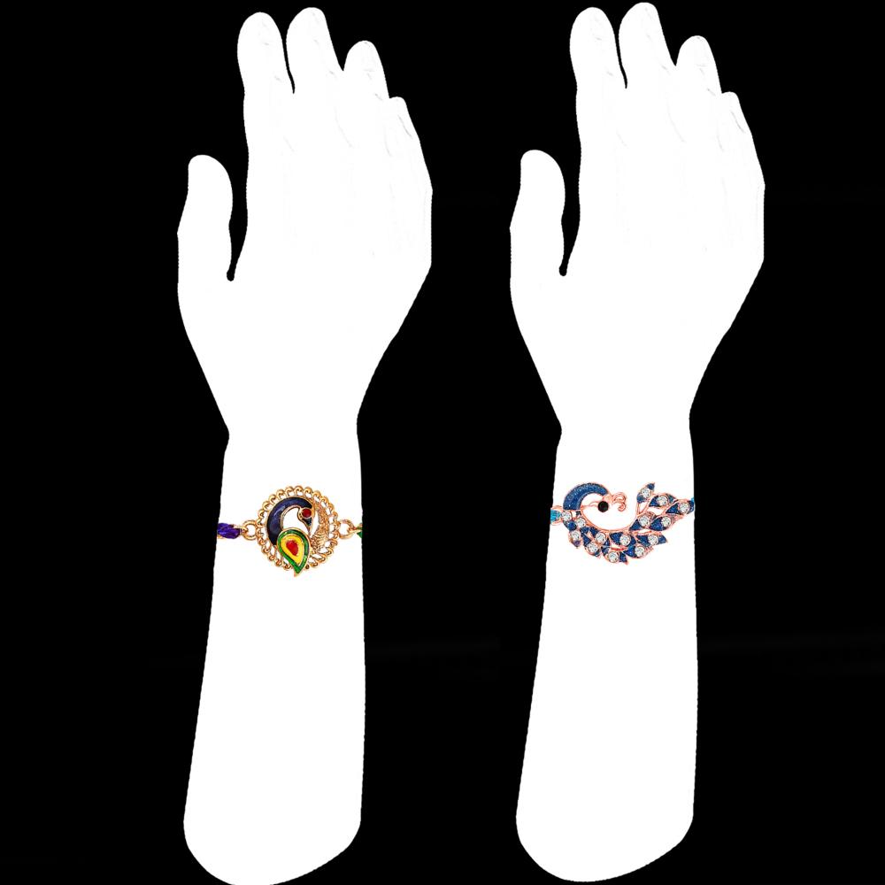 Mahi Peacock-Shaped Rakhi Combo for Brother | Set of 2 Rakhis with Meenakari Work, Crystals & Red Thread (RCO1105822M)