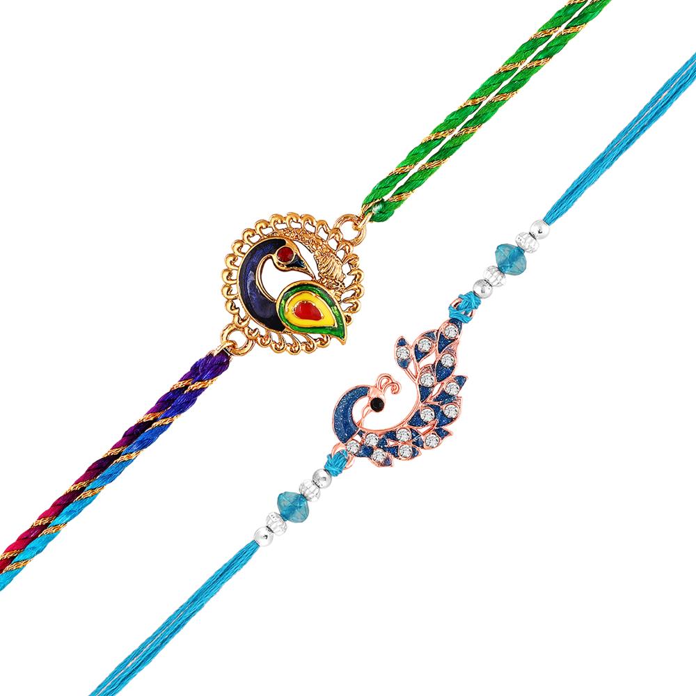 Mahi Peacock-Shaped Rakhi Combo for Brother | Set of 2 Rakhis with Meenakari Work, Crystals & Red Thread (RCO1105822M)