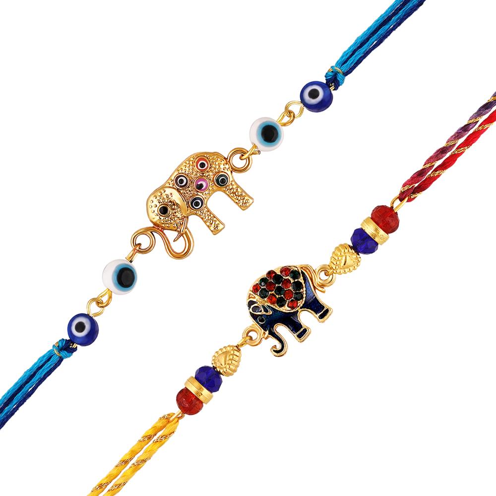 Mahi Elephant Motif Rakhi Combo Set of 2 for Brother | Colorful Enamel & Evil Eye Bead Rakhis (RCO1105823G)
