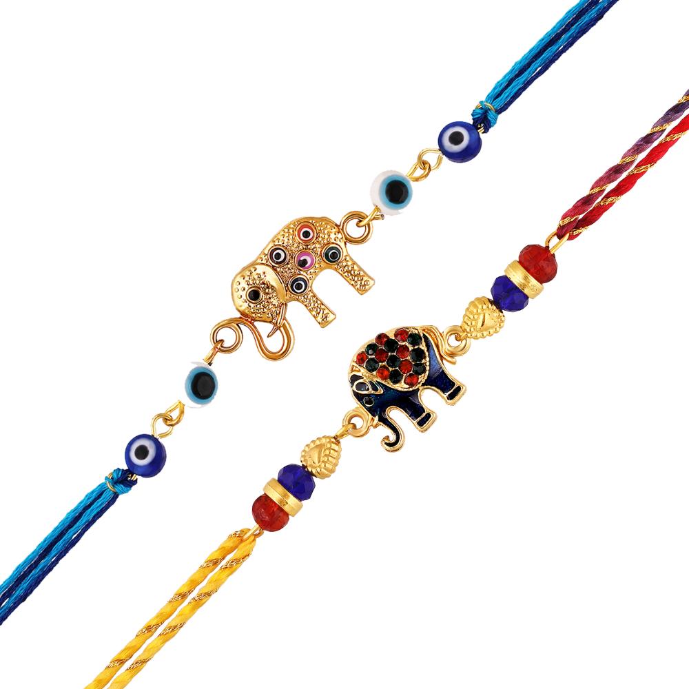 Mahi Elephant Motif Rakhi Combo Set of 2 for Brother | Colorful Enamel & Evil Eye Bead Rakhis (RCO1105823G)