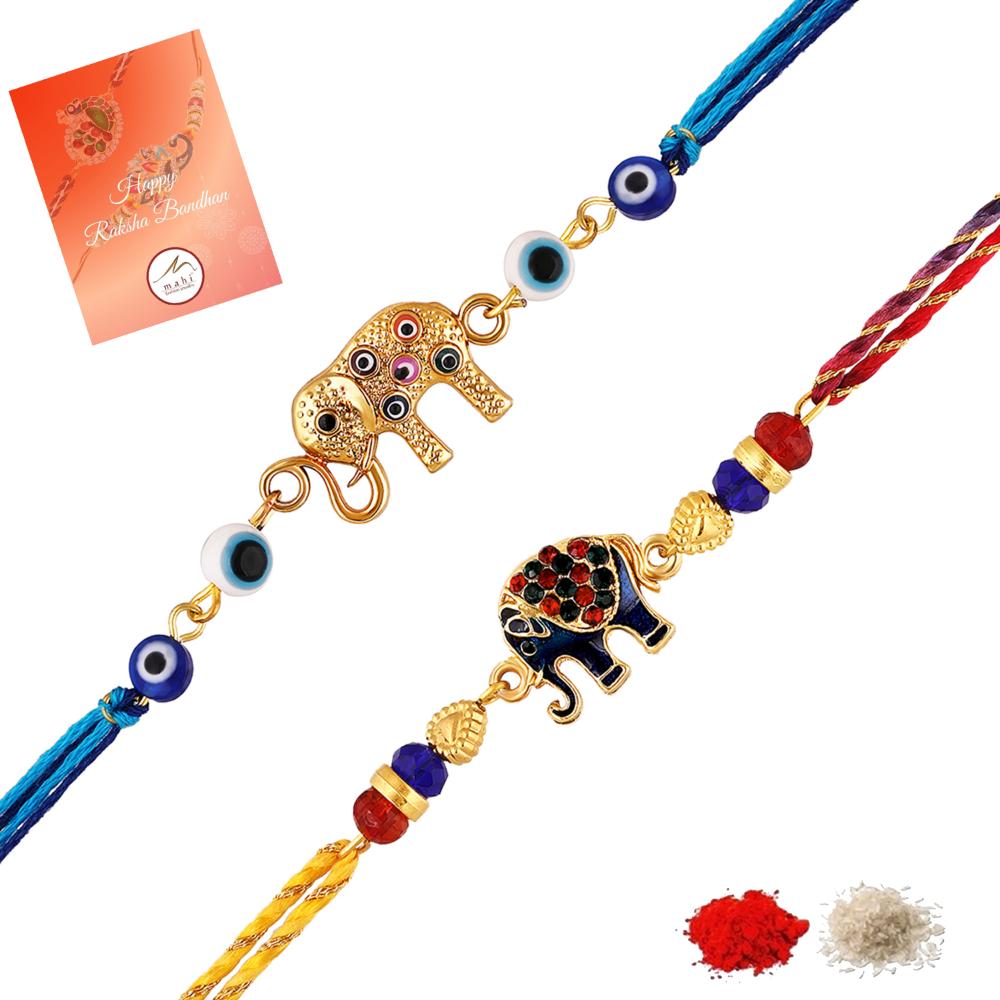 Mahi Elephant Motif Rakhi Combo Set of 2 for Brother | Colorful Enamel & Evil Eye Bead Rakhis (RCO1105823G)