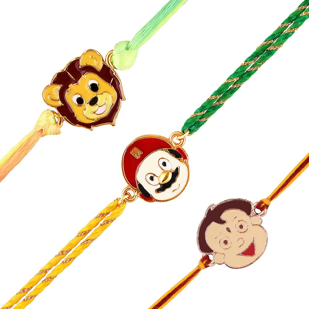 Mahi Kids Cartoon Rakhi Combo Set of 3 | Cute Character Rakhis for Boys with Superhero & Fun Faces (RCO1105825M)