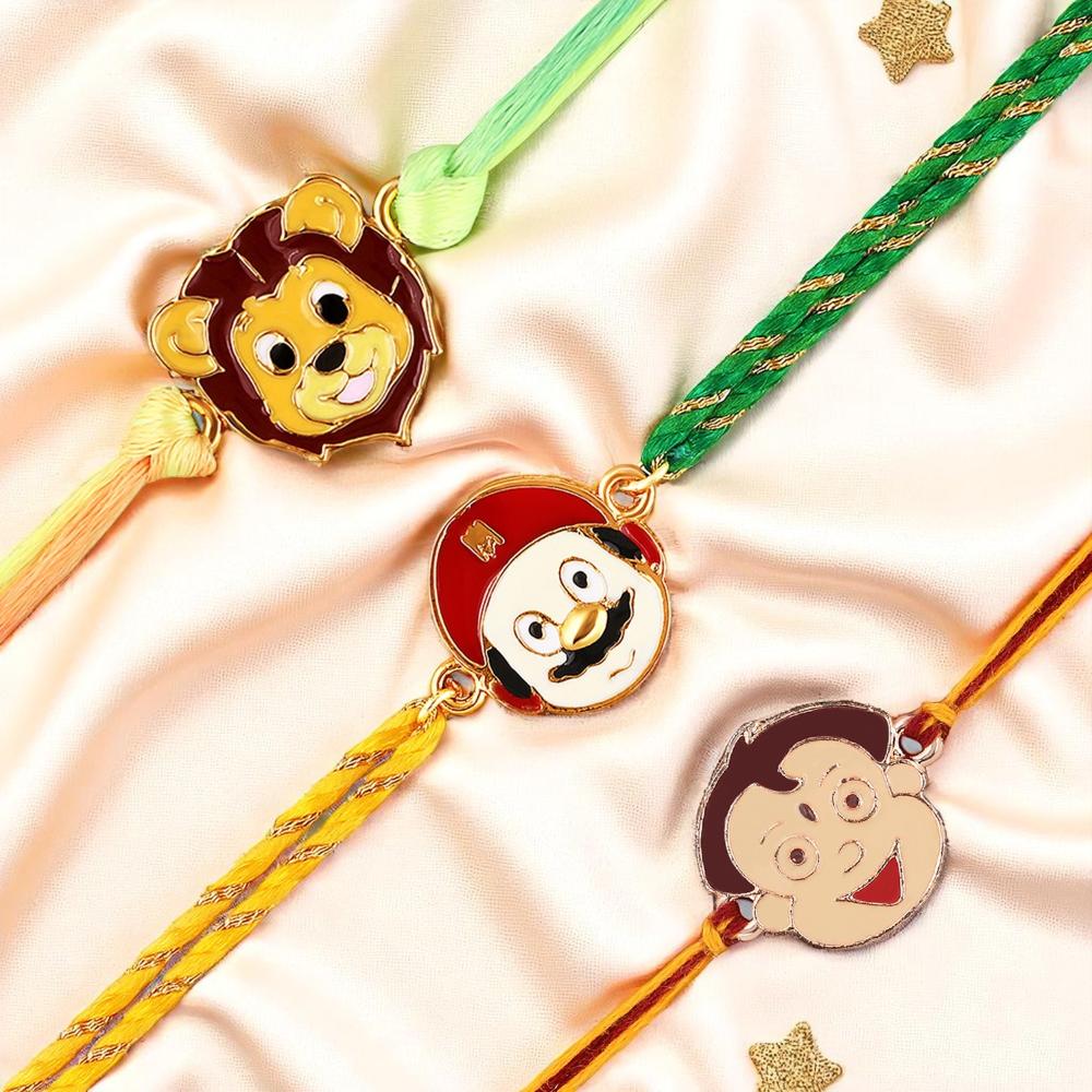 Mahi Kids Cartoon Rakhi Combo Set of 3 | Cute Character Rakhis for Boys with Superhero & Fun Faces (RCO1105825M)