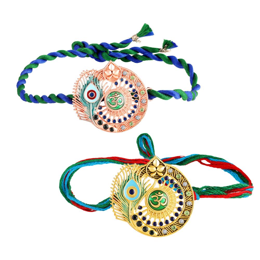 Mahi Om & Peacock-Feather-Theme Rakhi Combo Set of 2 | Rakhi with Evil Eye Charm on Braided Threads (RCO1105829M)