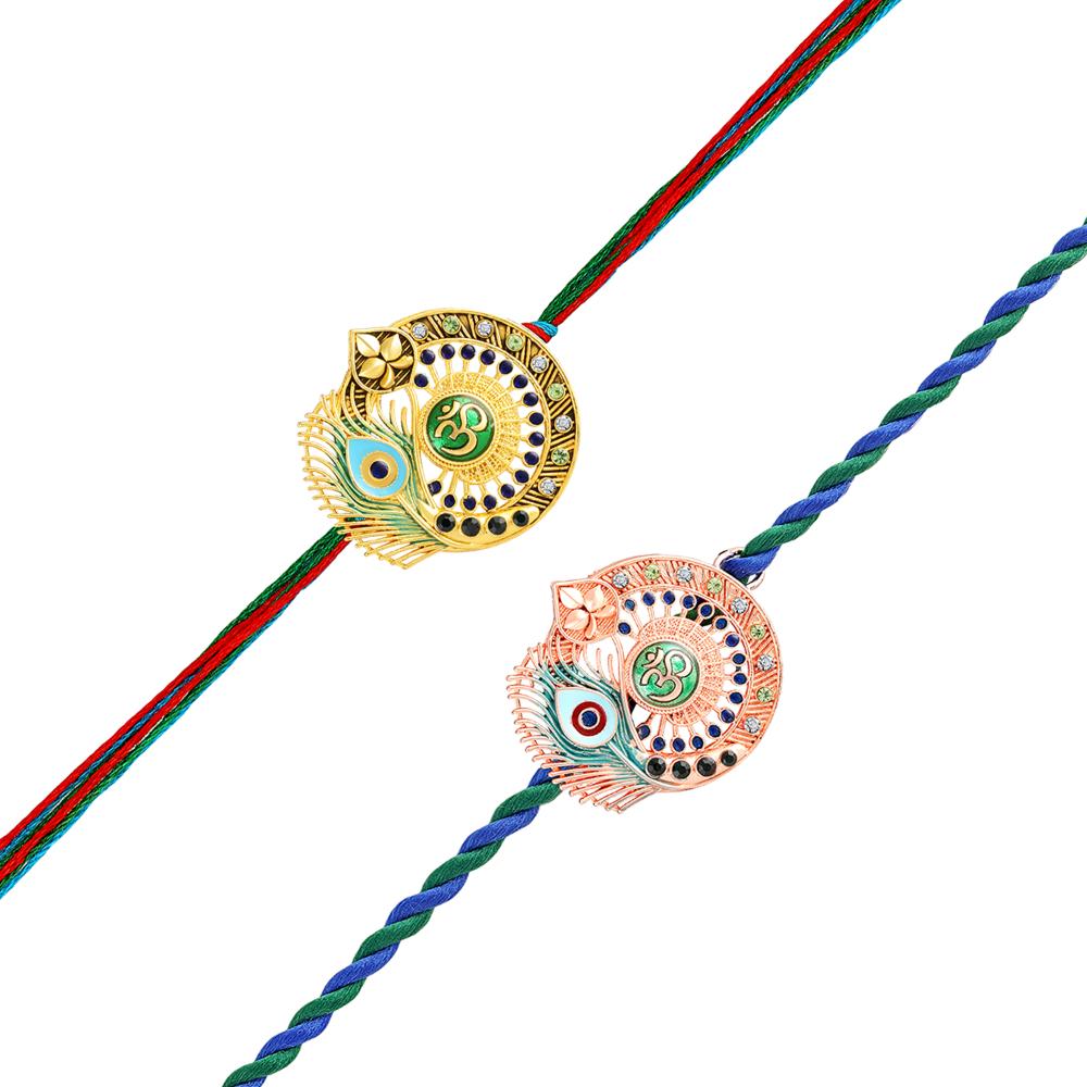 Mahi Om & Peacock-Feather-Theme Rakhi Combo Set of 2 | Rakhi with Evil Eye Charm on Braided Threads (RCO1105829M)