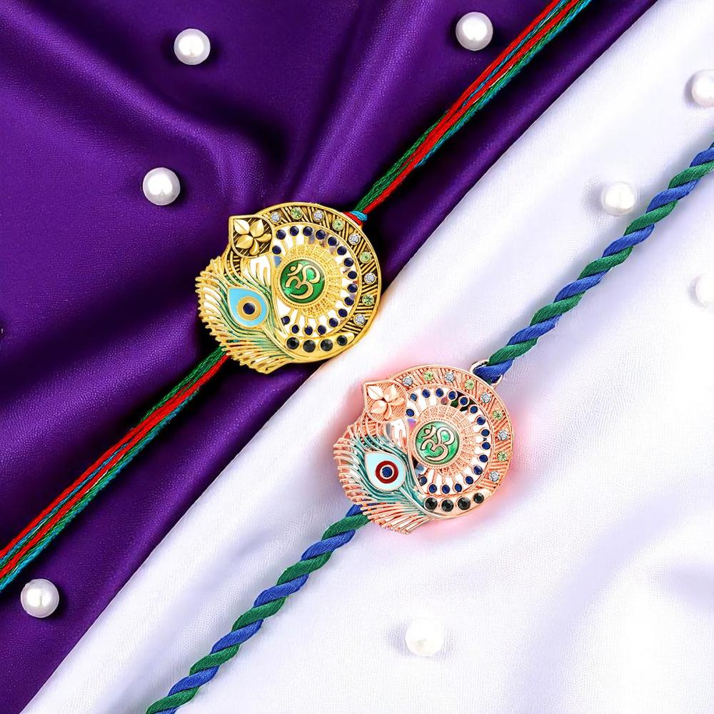 Mahi Om & Peacock-Feather-Theme Rakhi Combo Set of 2 | Rakhi with Evil Eye Charm on Braided Threads (RCO1105829M)