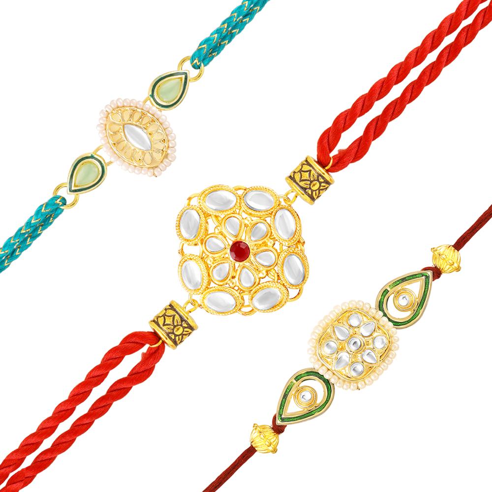 Mahi Traditional Kundan Rakhi Combo Set of 3 for Brother | Designer Rakhis with Pearl, Meenakari Work (RCO1105830G)