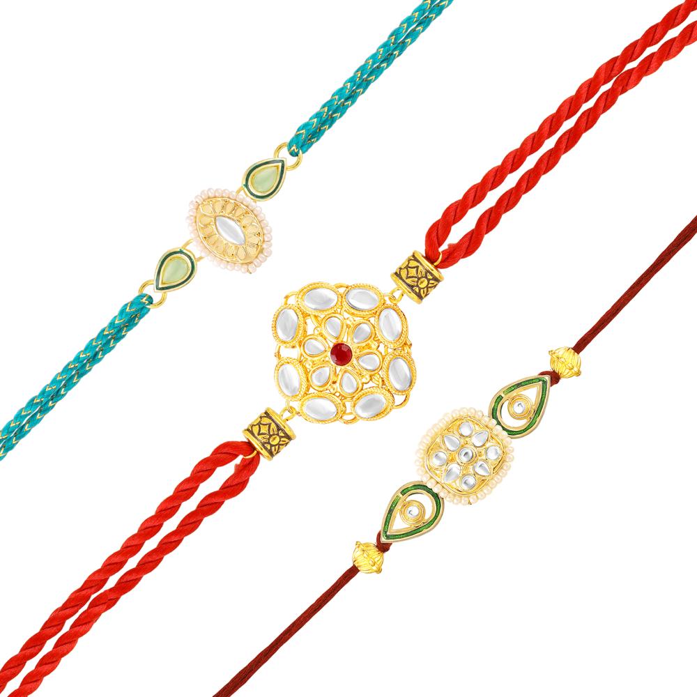 Mahi Traditional Kundan Rakhi Combo Set of 3 for Brother | Designer Rakhis with Pearl, Meenakari Work (RCO1105830G)
