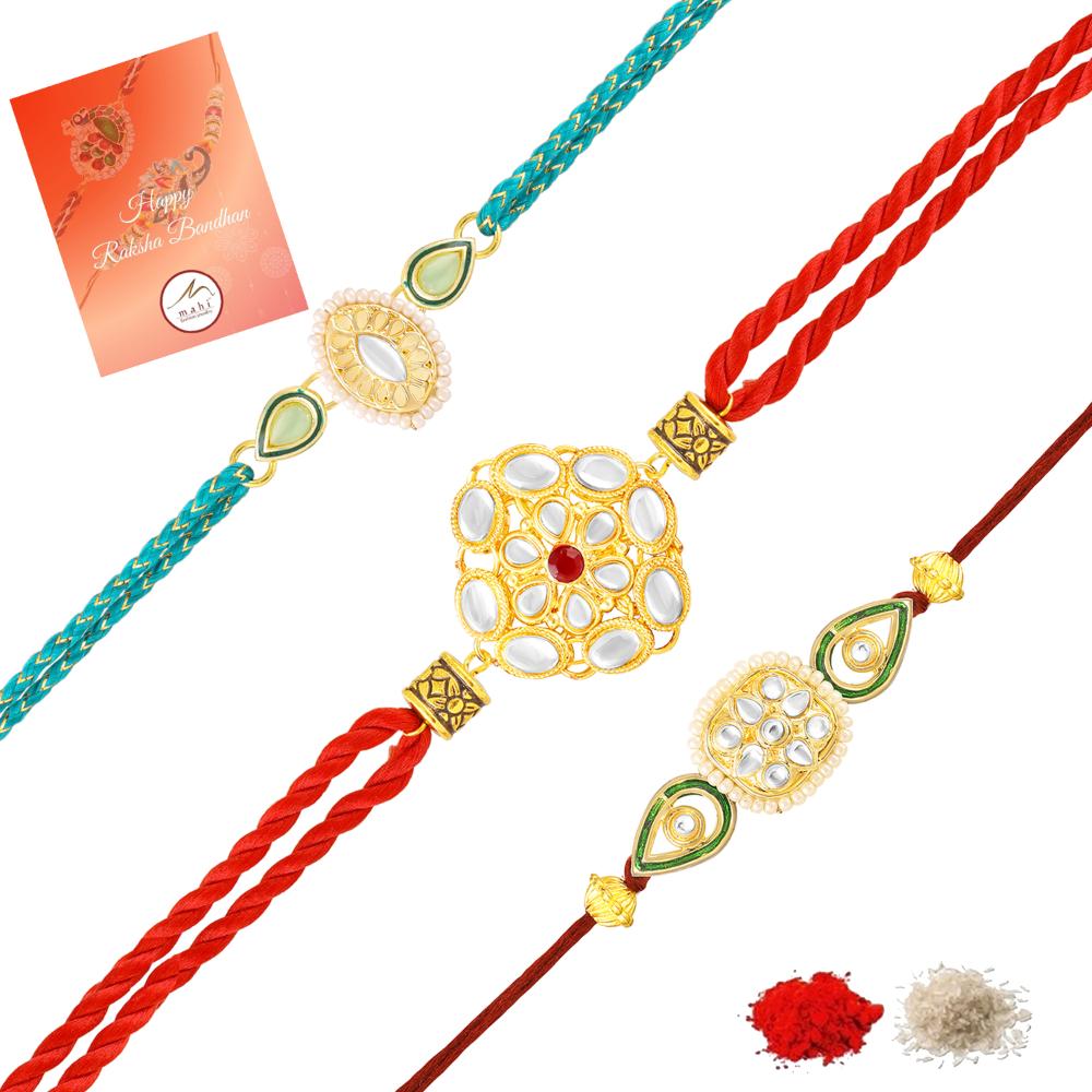 Mahi Traditional Kundan Rakhi Combo Set of 3 for Brother | Designer Rakhis with Pearl, Meenakari Work (RCO1105830G)