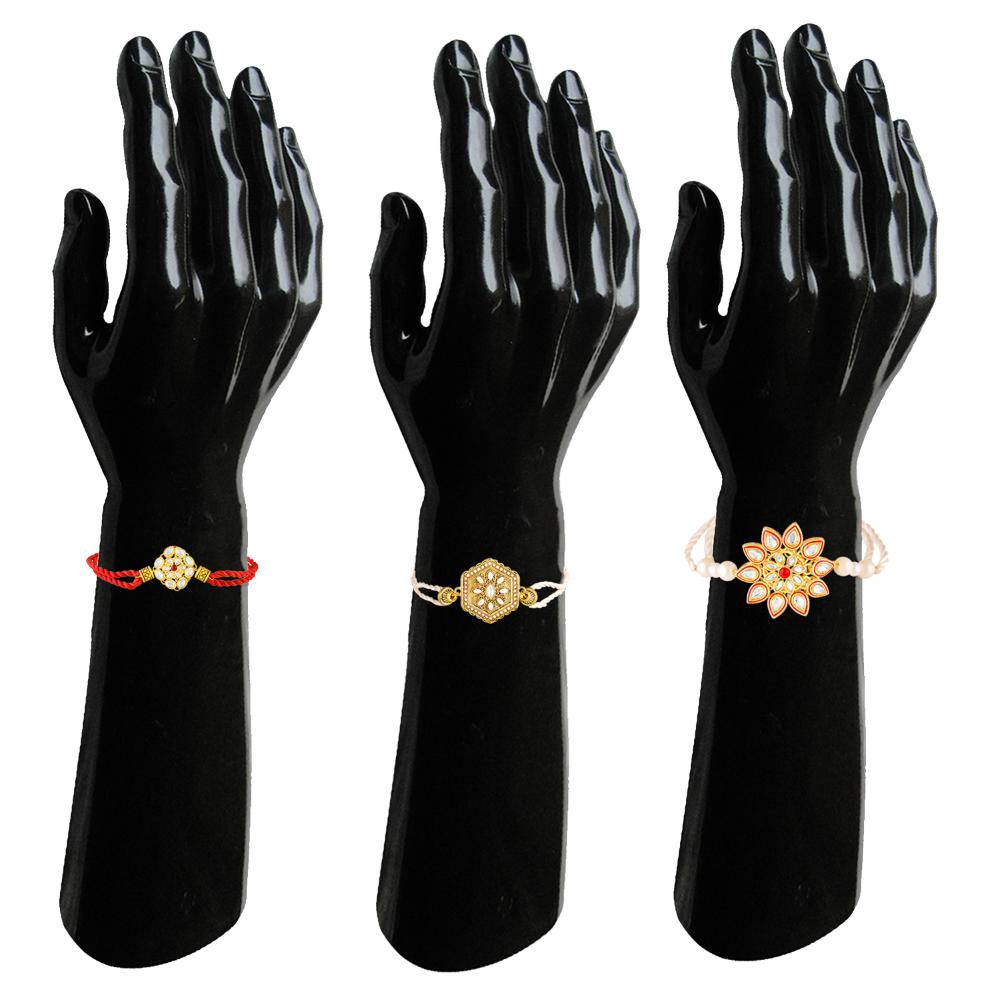 Mahi Royal Kundan Rakhi Combo Set of 3 for Brother | Traditional Artificial Pearl & Meenakari Fancy Rakhis (RCO1105831G)
