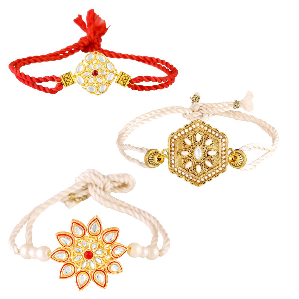 Mahi Royal Kundan Rakhi Combo Set of 3 for Brother | Traditional Artificial Pearl & Meenakari Fancy Rakhis (RCO1105831G)