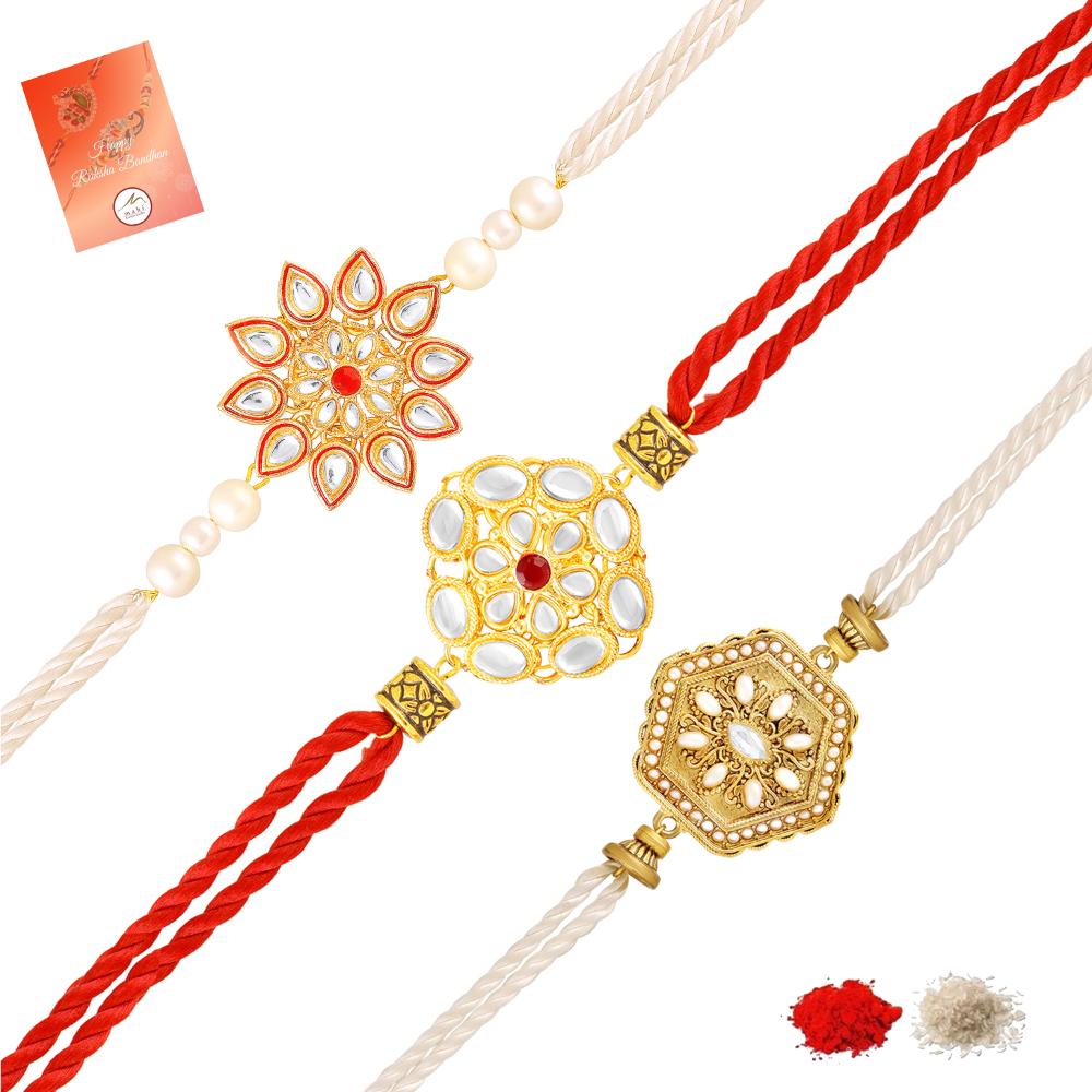 Mahi Royal Kundan Rakhi Combo Set of 3 for Brother | Traditional Artificial Pearl & Meenakari Fancy Rakhis (RCO1105831G)