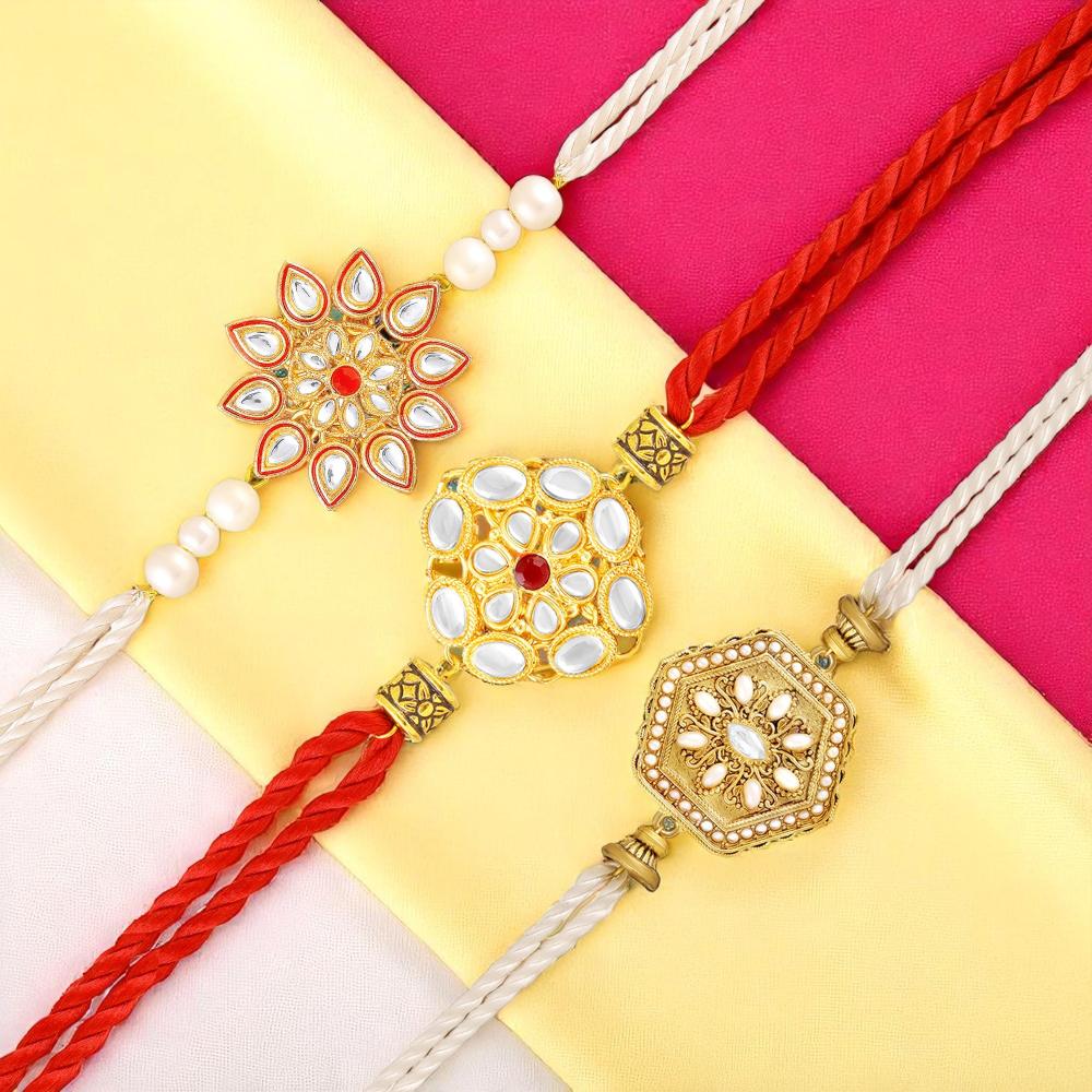 Mahi Royal Kundan Rakhi Combo Set of 3 for Brother | Traditional Artificial Pearl & Meenakari Fancy Rakhis (RCO1105831G)