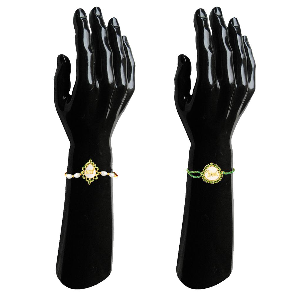 Mahi Gold Tone Bhai & Engraved Rakhi Combo Set of 2 with Green Floral Border (RCO1105832G)