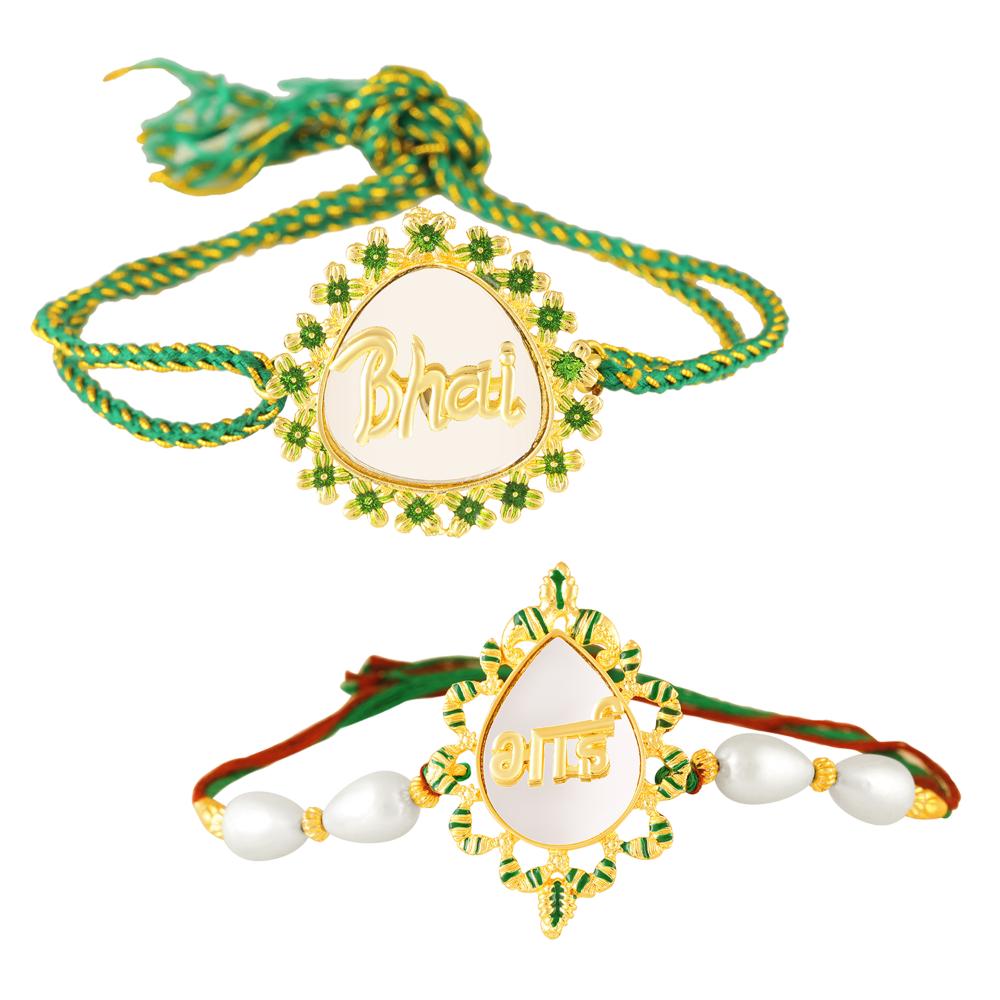 Mahi Gold Tone Bhai & Engraved Rakhi Combo Set of 2 with Green Floral Border (RCO1105832G)