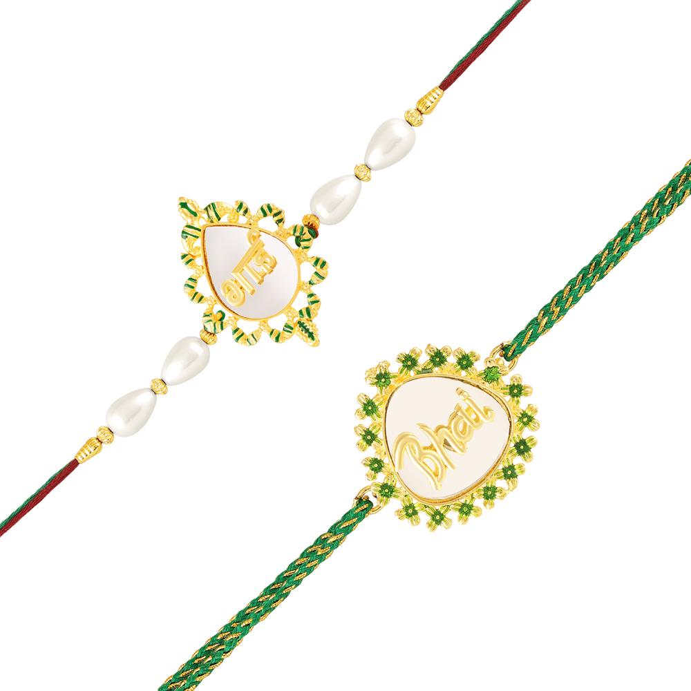 Mahi Gold Tone Bhai & Engraved Rakhi Combo Set of 2 with Green Floral Border (RCO1105832G)