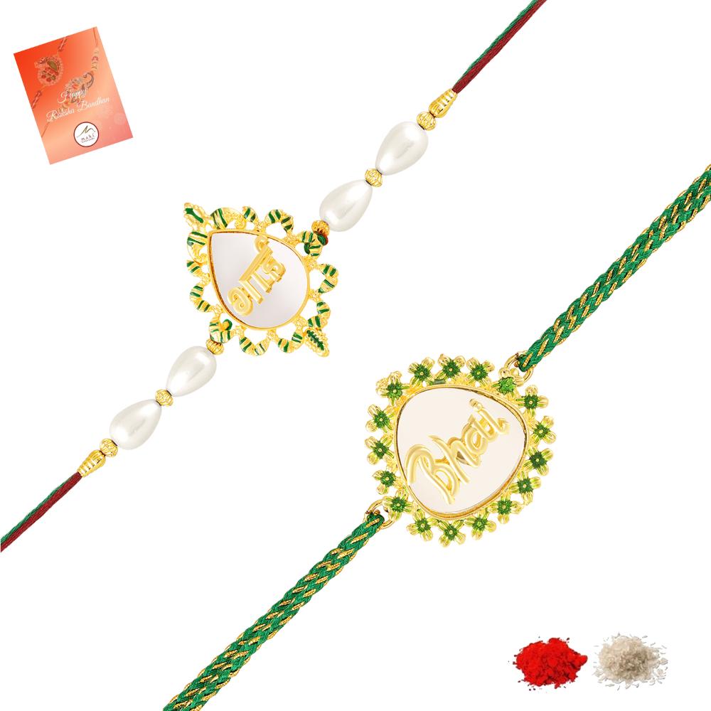 Mahi Gold Tone Bhai & Engraved Rakhi Combo Set of 2 with Green Floral Border (RCO1105832G)