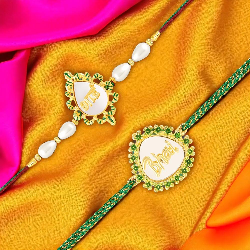 Mahi Gold Tone Bhai & Engraved Rakhi Combo Set of 2 with Green Floral Border (RCO1105832G)