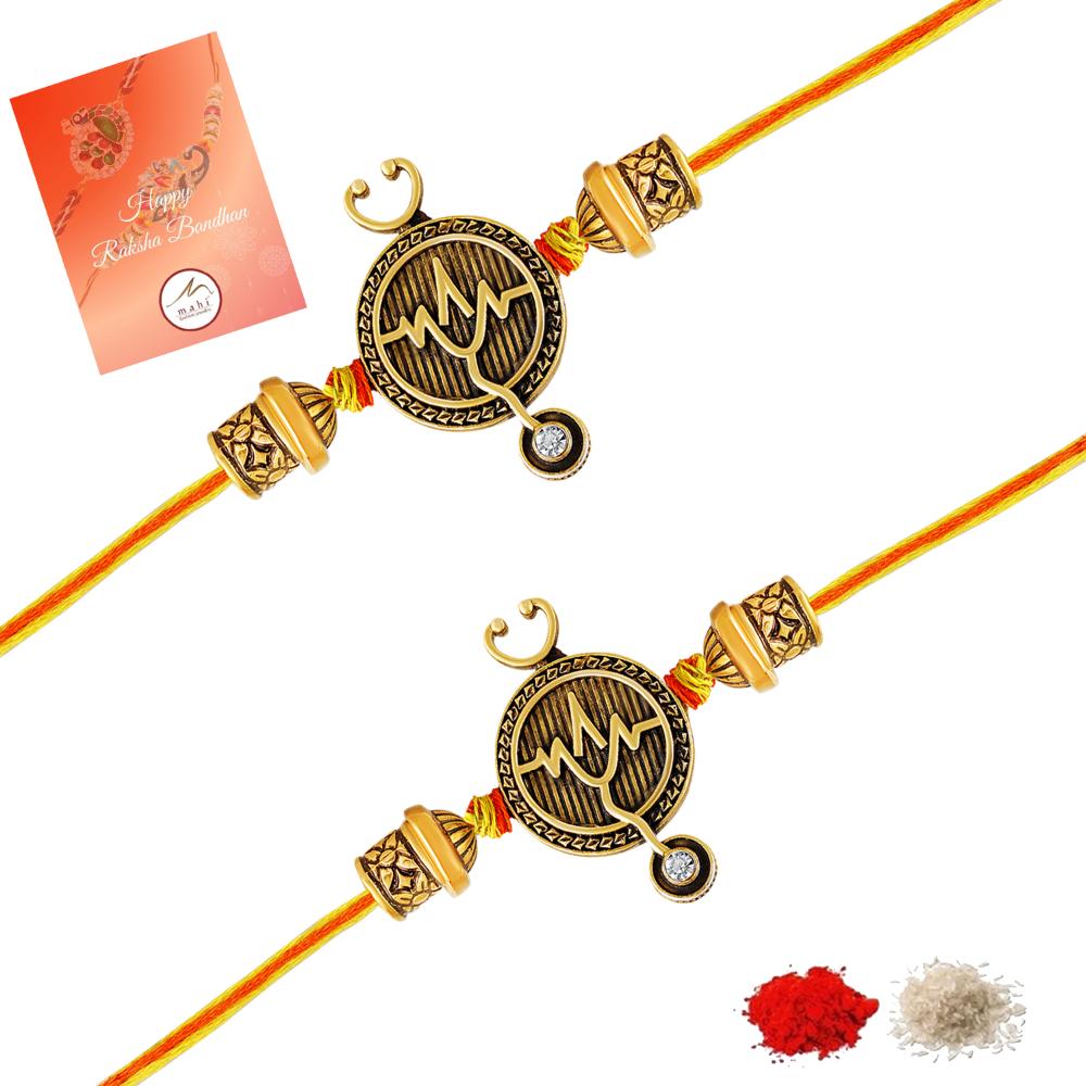 Mahi Doctor Theme Rakhi Combo Set of 2 for Brother | Stethoscope & Heartbeat Design in Antique Gold Finish (RCO1105833G)