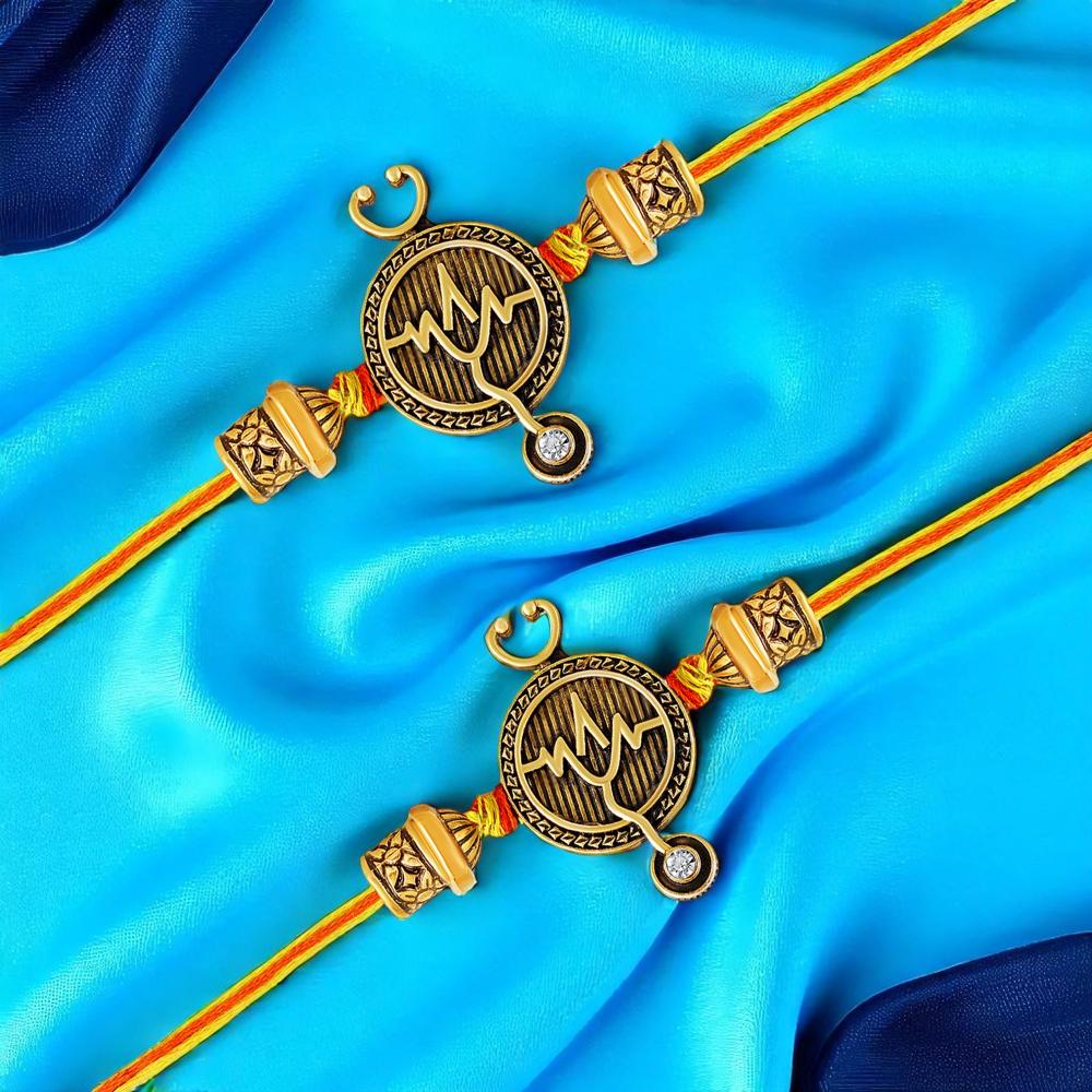 Mahi Doctor Theme Rakhi Combo Set of 2 for Brother | Stethoscope & Heartbeat Design in Antique Gold Finish (RCO1105833G)