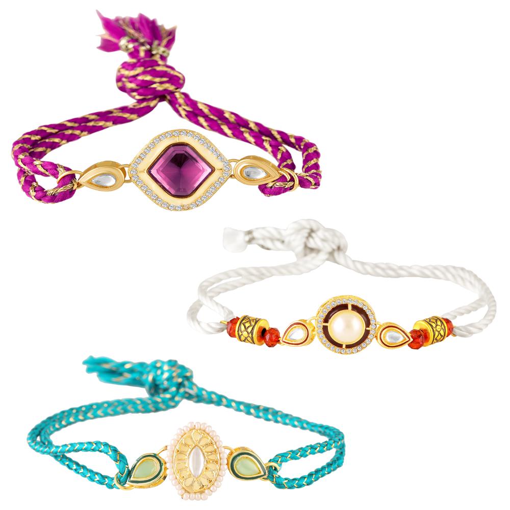 Mahi Elegant Rakhi Combo Set of 3 for Brother | Artificial Pearl, Kundan & Stone Fancy Rakhis (RCO1105834G)
