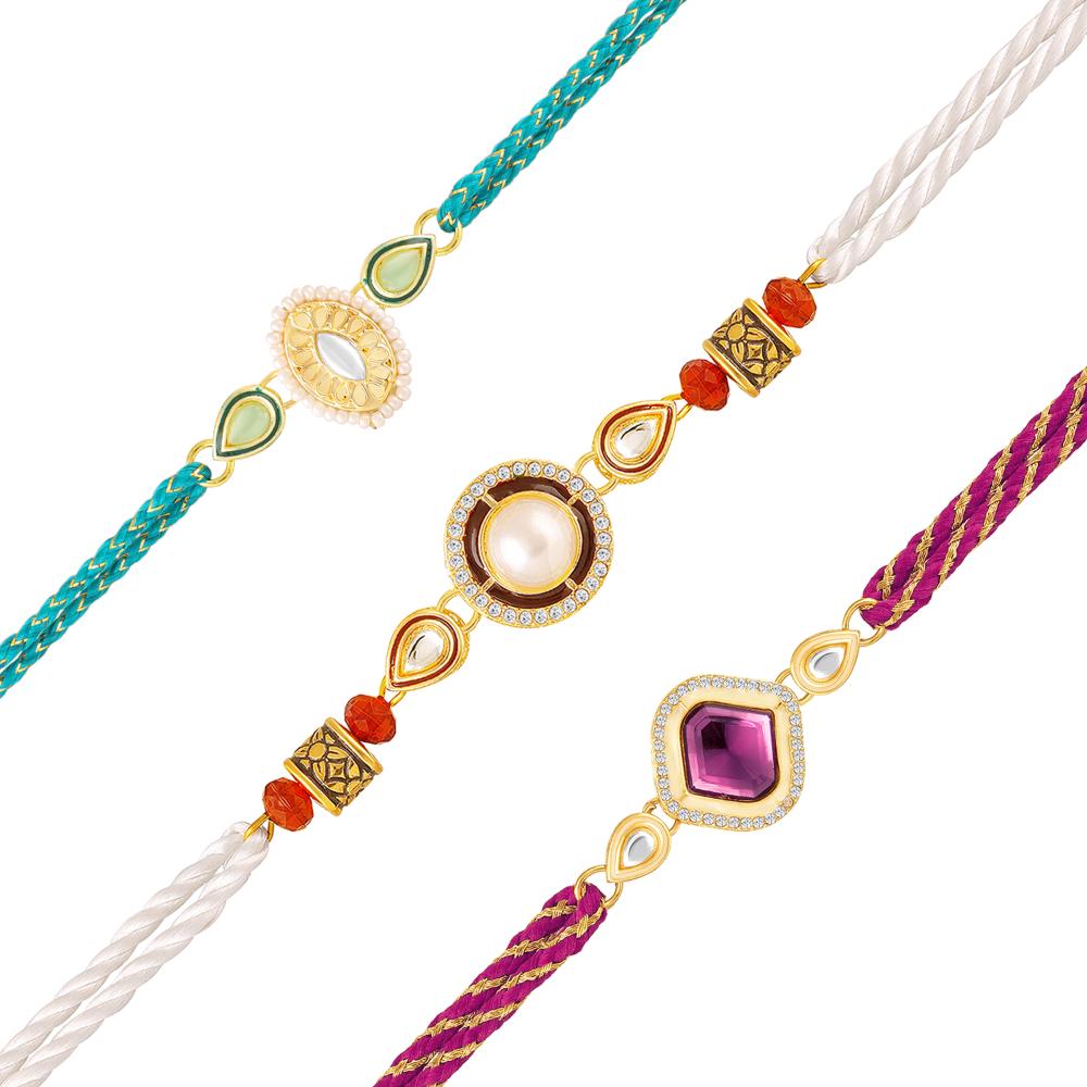 Mahi Elegant Rakhi Combo Set of 3 for Brother | Artificial Pearl, Kundan & Stone Fancy Rakhis (RCO1105834G)