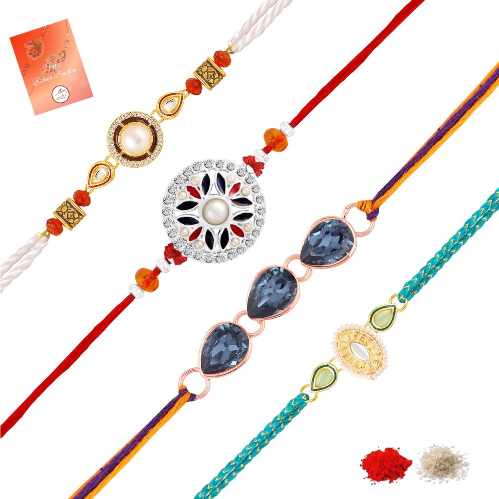 Mahi Fancy Rakhi Combo Set of 4 for Brother | Rakhis with Artificial Pearl & Multicolor Crystals (RCO1105835M)