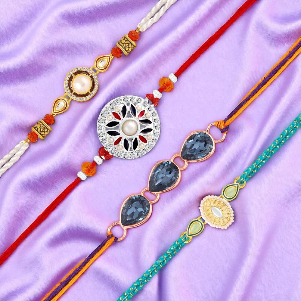 Mahi Fancy Rakhi Combo Set of 4 for Brother | Rakhis with Artificial Pearl & Multicolor Crystals (RCO1105835M)