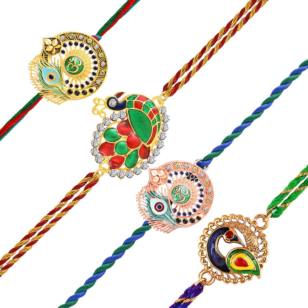 Mahi Om & Peacock-Feather-Theme Rakhi Combo Set of 4 | Rakhi with Evil Eye Charm on Braided Threads (RCO1105836M)