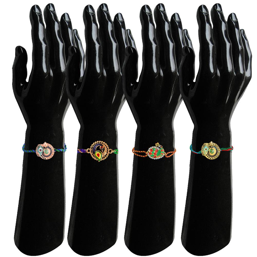 Mahi Om & Peacock-Feather-Theme Rakhi Combo Set of 4 | Rakhi with Evil Eye Charm on Braided Threads (RCO1105836M)